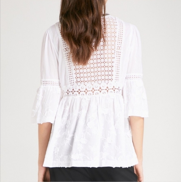 The Kooples Boho White Cotton Embroidered Blouse with Bell Sleeves Size S - Picture 3 of 16